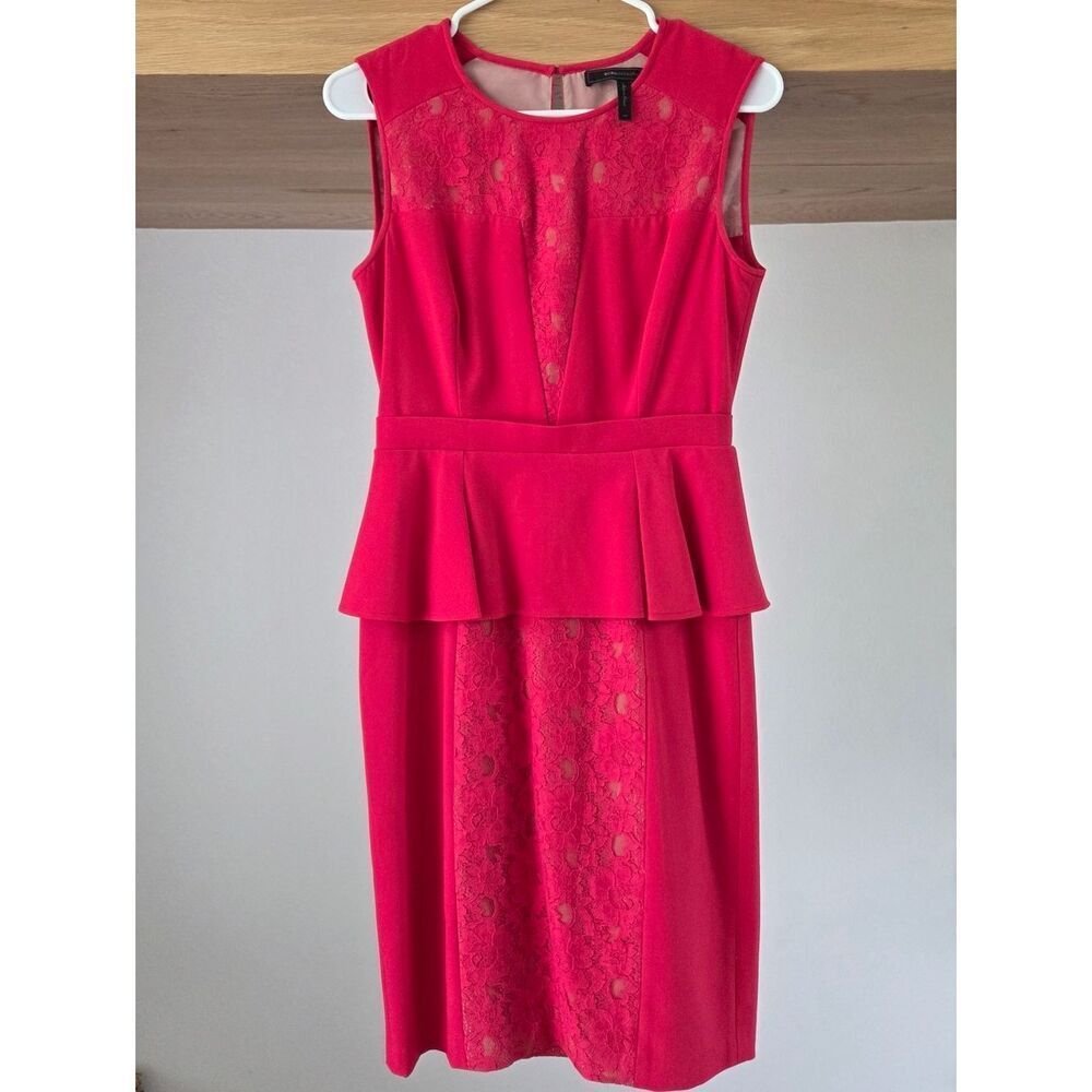 BCBGMaxAzria Red Lace Panel Peplum Sheath Dress